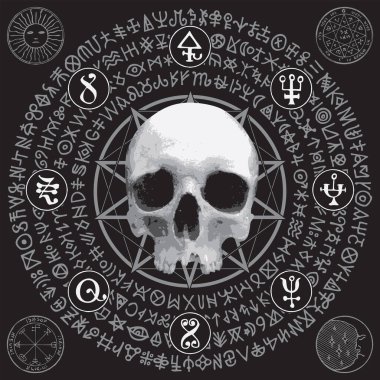 Vector illustration with people skull, pentagram, occult and witchcraft signs. The symbol of Satanism Baphomet and magic runes written in a circle.