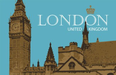 Retro postcard with Big Ben in London, UK. Vintage vector postcard with words London on blue background