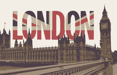 Vektör kart Londra'daki Westminster Sarayı, İngiltere'de Big Ben ile. Retro kartpostal kelime İngiliz bayrağının renkleri London, Büyük Britanya