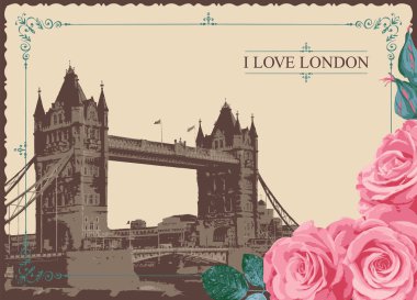 Vintage postcard with famous Tower-Bridge in London, UK. Retro postcard with words London, United Kingdom and pink roses