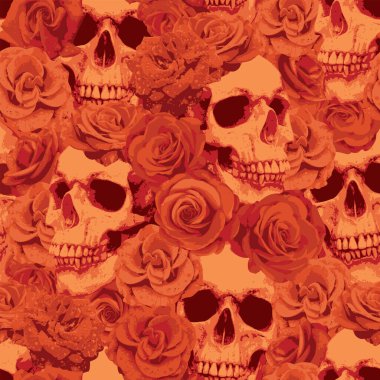Seamless pattern with human skulls and red roses. Vector background with sinister smiling skulls. Graphic print for clothes, fabric, wallpaper, wrapping paper