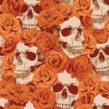 Seamless pattern with human skulls and red roses. Vector background with sinister smiling skulls. Graphic print for clothes, fabric, wallpaper, wrapping paper