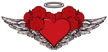 Flying heart angel. Vector graphic illustration of a red heart with wings and red roses isolated and halo. Suitable for Valentine card, sticker, t-shirt design, tattoo, design element clipart