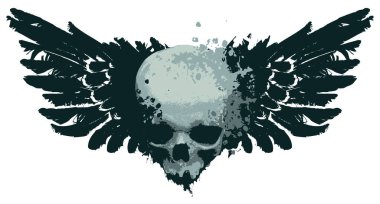 vector human skull with spots, splashes and bird wings. Graphic print for clothes, fabric, wallpaper, wrapping paper, design element for halloween party