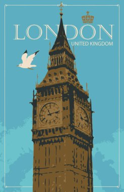 Big Ben 'in Londra' da, İngiltere 'de ve martıda attığı retro kartpostal. Mavi arkaplanda Londra yazan klasik vektör kartpostalı