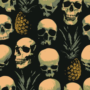 Seamless pattern with human skulls and pineapples . Vector background with sinister smiling skulls. Graphic print for clothes, fabric, wallpaper, wrapping paper