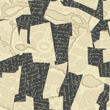 Texture Seamless pattern with collage of letters with handwritten text and pieces of geographical maps. Vector background in retro style with imitated text. Suitable for wallpaper design, fabric