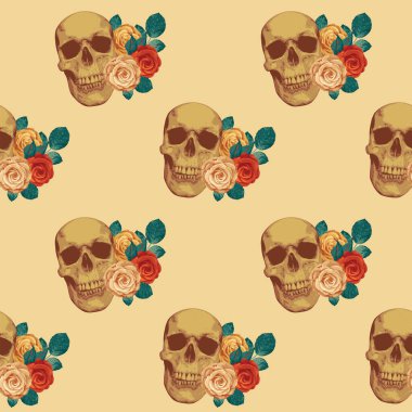 Seamless pattern with human skulls and roses. Vector background with sinister smiling skulls. Graphic print for clothes, fabric, wallpaper, wrapping paper