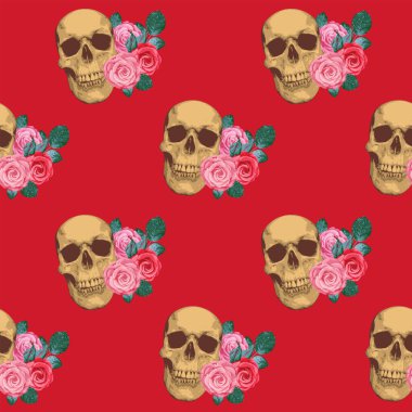 Seamless pattern with human skulls and roses. Vector background with sinister smiling skulls. Graphic print for clothes, fabric, wallpaper, wrapping paper