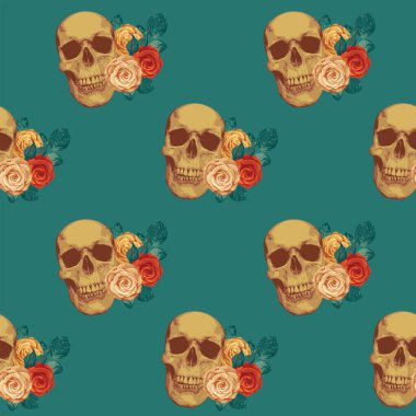 Seamless pattern with human skulls and roses. Vector background with sinister smiling skulls. Graphic print for clothes, fabric, wallpaper, wrapping paper