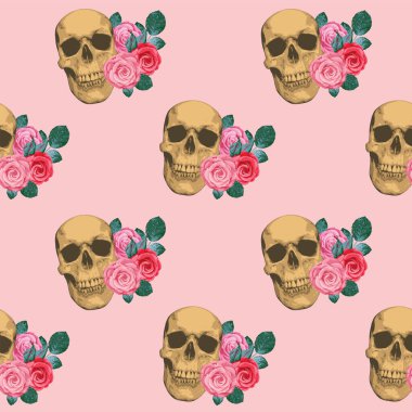 Seamless pattern with human skulls and roses. Vector background with sinister smiling skulls. Graphic print for clothes, fabric, wallpaper, wrapping paper