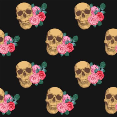 Seamless pattern with human skulls and roses. Vector background with sinister smiling skulls. Graphic print for clothes, fabric, wallpaper, wrapping paper