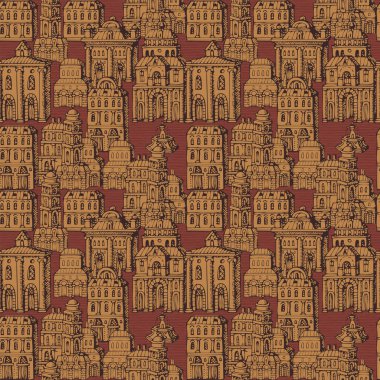 Retro tarzında eski el çizilmiş evler ile Vektör dikişsiz desen. Eski tarz bina cepheleri ve çeşmeler ile Cityscape arka plan, duvar kağıdı, ambalaj kağıdı, tekstil, kumaş olarak kullanılabilir