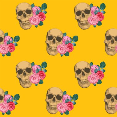 Seamless pattern with human skulls and roses. Vector background with sinister smiling skulls. Graphic print for clothes, fabric, wallpaper, wrapping paper