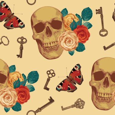 Seamless pattern with human skulls, roses, butterfly peacock eye and vintage keys. Vector background with sinister smiling skulls. Graphic print for clothes, fabric, wallpaper, wrapping paper