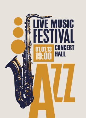 Altın saksafon ve yazıtlarla dolu canlı müzik festivali için vektör posteri. Müzik afişi, el ilanı, davetiye, bilet retro tarzı