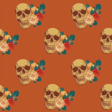 Seamless pattern with human skulls and roses. Vector background with sinister smiling skulls. Graphic print for clothes, fabric, wallpaper, wrapping paper