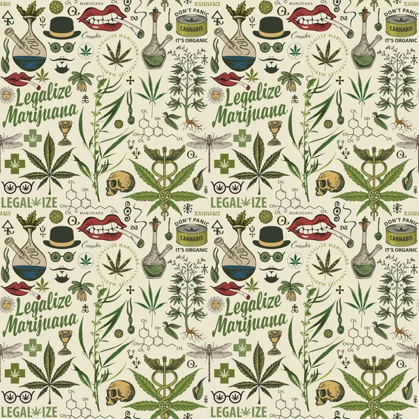 Vektornahtloses Muster Retro Stil Zum Thema Legalisierung Von Marihuana Farbig — Stockvektor