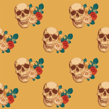Seamless pattern with human skulls and roses. Vector background with sinister smiling skulls. Graphic print for clothes, fabric, wallpaper, wrapping paper