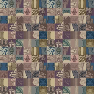 Ortaçağ mimarisi ve sanat teması üzerine soyut ve pürüzsüz bir model. Renkli el yapımı mimari parçalarla klasik tarzda vektör arkaplan. Duvar kağıdı, ambalaj kağıdı veya kumaş tasarımı