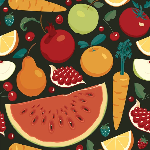 様々な全体とスライスされた果物 ベリー 野菜とシームレスなパターン 夏のベクトルの背景とジューシーな果物 壁紙に適し 包装紙 デザイン — ストックベクタ