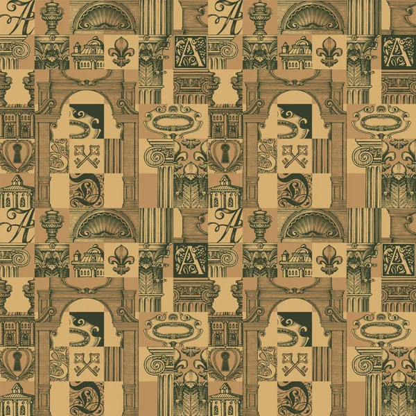中世建築や美術をテーマにしたシームレスなパターンを抽象化 ヴィンテージスタイルで手描きの建築の断片を着色ベクトル背景 包装紙またはファブリックデザイン — ストックベクタ