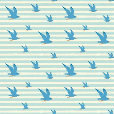 Uçan deniz kuşlarıyla kusursuz deniz deseni. Deniz martıları, dalgalarla dolu bir arka planda. Retro biçiminde vektör yaz arkaplanı, duvar kâğıdı, ambalaj kağıdı, kumaş, seyahat tasarımı için uygun