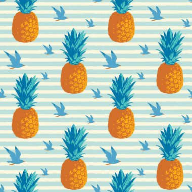 Uçan martılar ve arka planda çizgili ananaslar olan dekoratif, pürüzsüz desenler. Tekrarlanabilir arkaplan, duvar kağıdı, ambalaj kağıdı, kumaş, yaz tasarımı için uygun