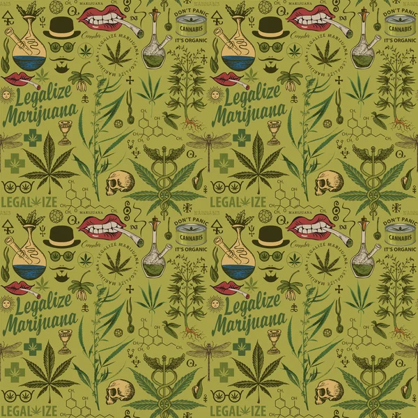 Vektornahtloses Muster Retro Stil Zum Thema Legalisierung Von Marihuana Farbig — Stockvektor
