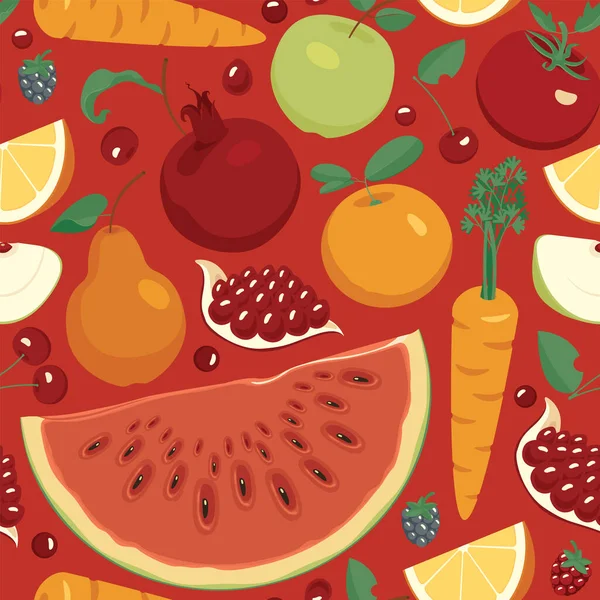 Naadloos Patroon Met Diverse Hele Gesneden Vruchten Bessen Groenten Zomer — Stockvector