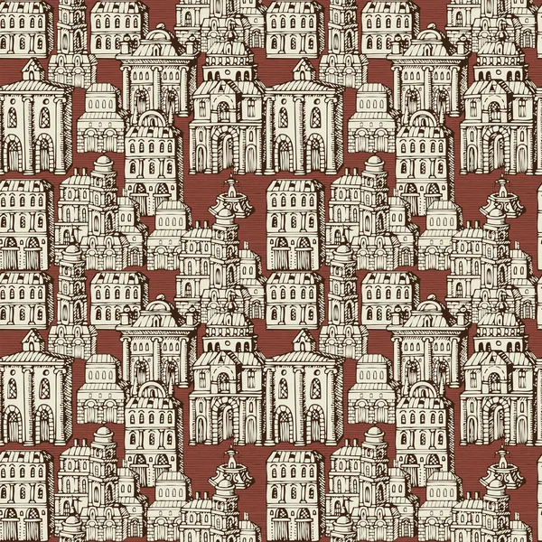 Векторний Безшовний Візерунок Старими Ручними Намальованими Будинками Ретро Стилі Міський — стоковий вектор