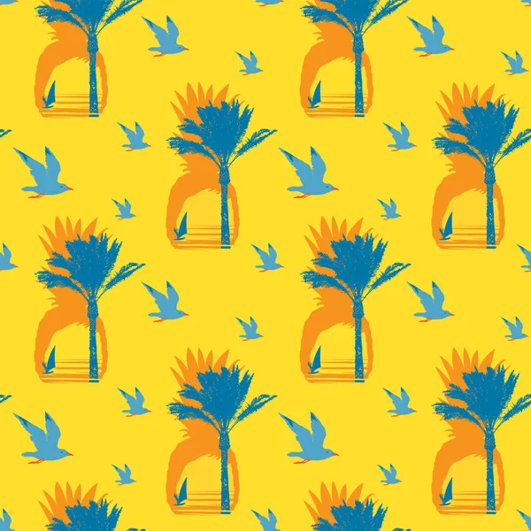 以夏季海游为主题的矢量无缝模式 热带可重复背景 有海鸥 棕榈树和冲浪者在日落或日出时黄色背景的轮廓 — 图库矢量图片