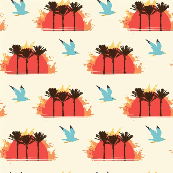 Motif Tropical Sans Couture Avec Grand Soleil Rouge Silhouettes Palmiers — Image vectorielle