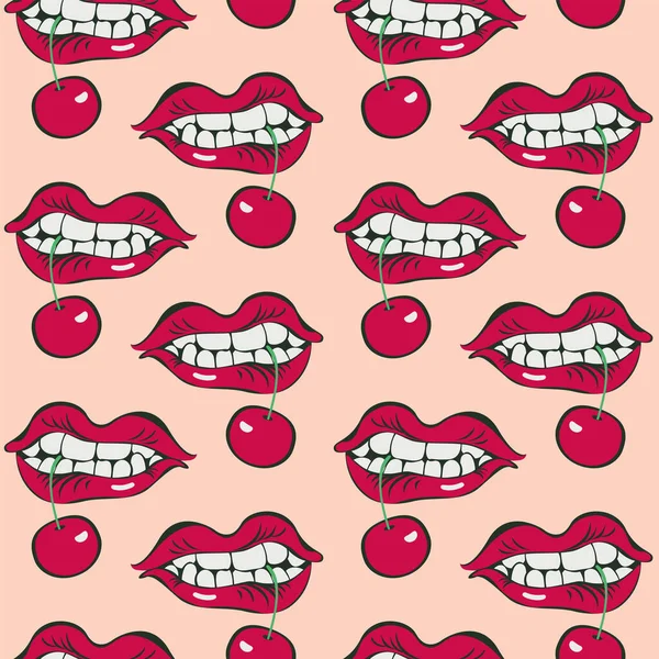 Vector Seamless Pattern Female Mouth Cherry Teeth Out Theme Passion — Stock Vector