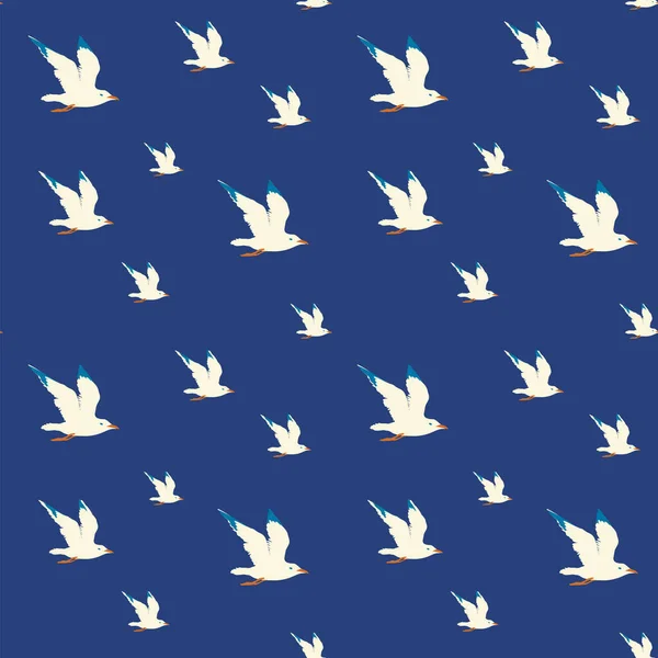 Seamless Sea Pattern Flying Nautical Birds Marine Seagulls Blue Backdrop — Stock Vector