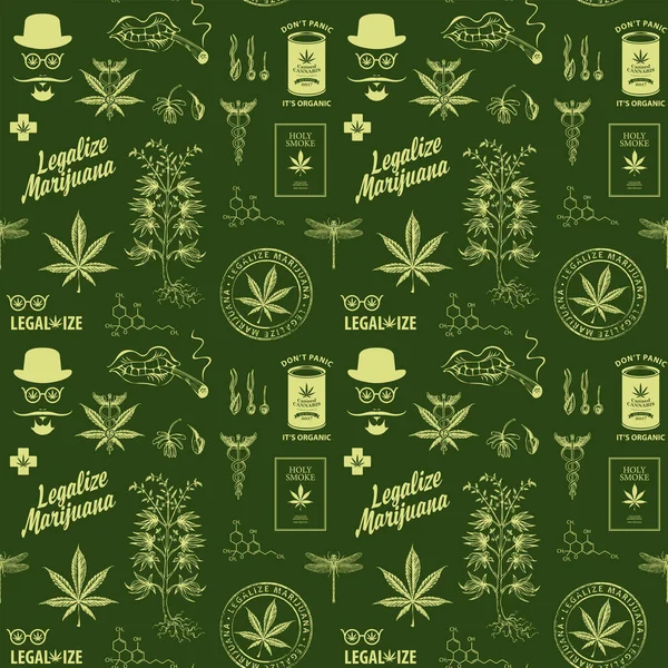 Legalizálja Marihuánát Zökkenőmentes Minta Retro Stílusban Kenderlevél Hipszter Arc Cannabis — Stock Vector