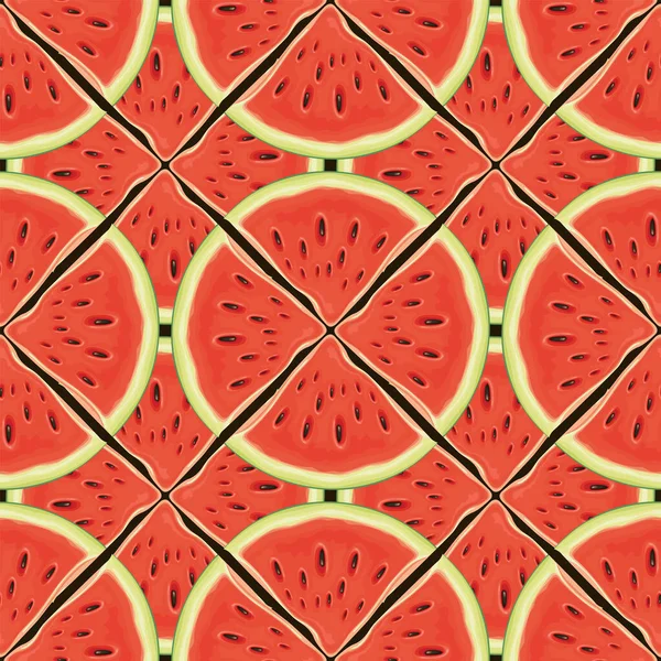 赤いスイカのスライスの飾りとフルーツのシームレスなパターン 包装紙 夏のデザインに適した熟したジューシーなスイカの四半期とベクトル繰り返しの背景 — ストックベクタ