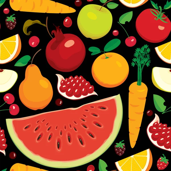 Modello Senza Cuciture Con Vari Frutti Interi Affettati Bacche Verdure — Vettoriale Stock
