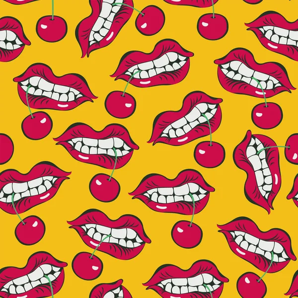 Vector Seamless Pattern Female Mouth Cherry Teeth Out Theme Passion — Stock Vector