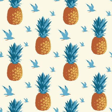 Hafif bir fon üzerinde ananas ve uçan martılarla vektörsüz desen. Eski tarz dekoratif yineleyici arka plan, duvar kağıdı, ambalaj kağıdı, kumaş, tekstil, yaz tasarımı için uygun