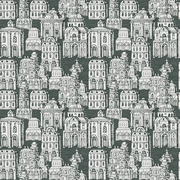 Векторний Безшовний Візерунок Старими Ручними Намальованими Будинками Ретро Стилі Міський — стоковий вектор