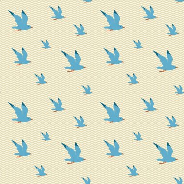 Uçan deniz kuşlarıyla kusursuz deniz deseni. Deniz martıları. Retro biçiminde vektör yaz arkaplanı, duvar kâğıdı, ambalaj kağıdı, kumaş, seyahat tasarımı için uygun