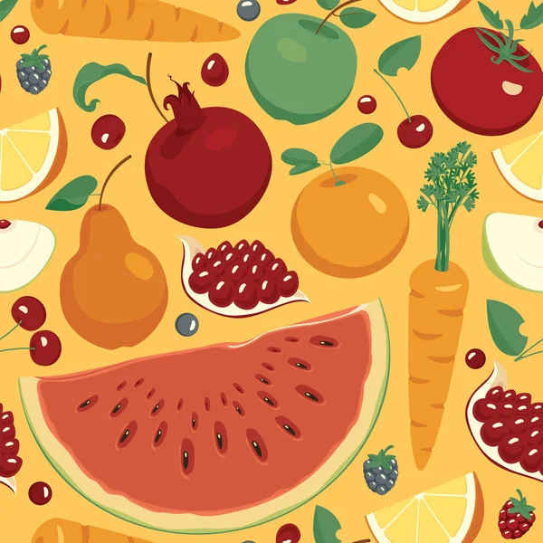 様々な全体とスライスされた果物 ベリー 野菜とシームレスなパターン 夏のベクトルの背景とジューシーな果物 壁紙に適し 包装紙 デザイン — ストックベクタ