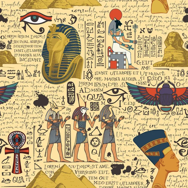 Płynny Wzór Temat Starożytnego Egiptu Kolorowymi Obrazami Egipskich Bogów Ręcznie — Wektor stockowy