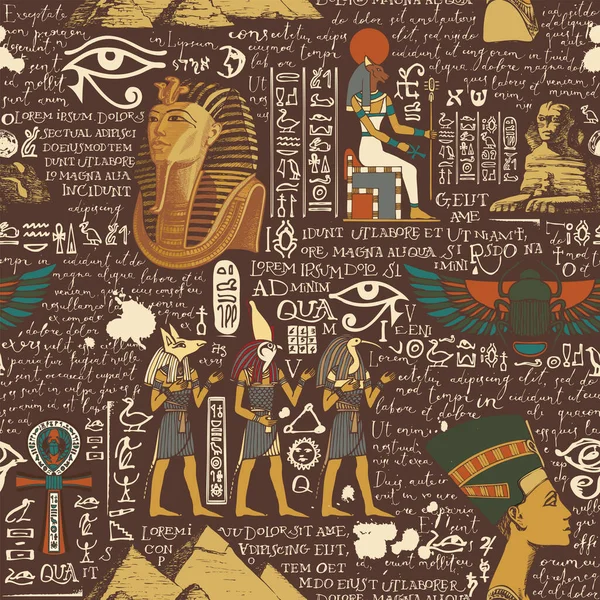 エジプトの神々と手書きのテキストロレムIpsumの色の画像と古代エジプトのテーマにシームレスなパターン ベクトル抽象的な背景をレトロなスタイルで 壁紙包装紙織物 — ストックベクタ