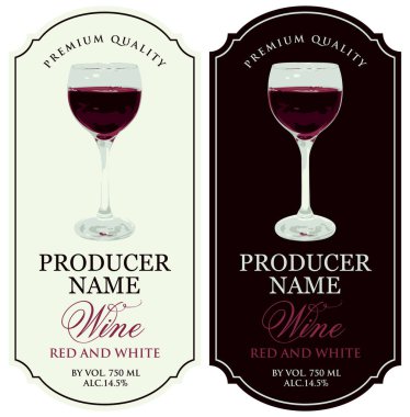 Kırmızı şarap etiketleri ve retro stile şarap seti.