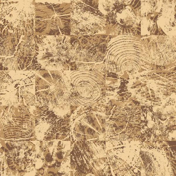 木锯切割成的方块构成的无缝图样纹理和带有白垩纪贝壳纹章的海石纹理 — 图库矢量图片