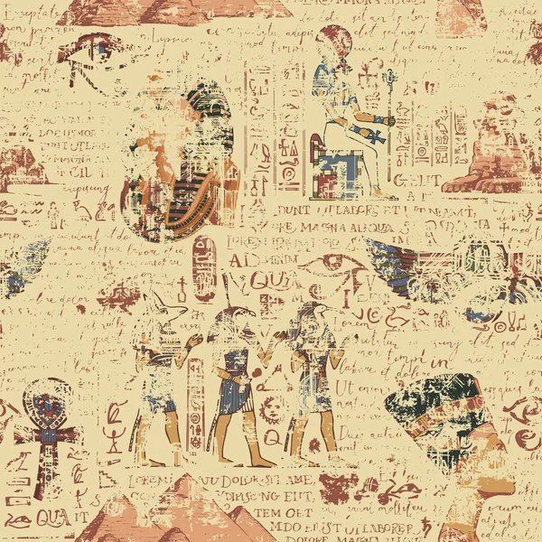 Bezproblémový Vzor Starověkém Egyptě Téma Barevnými Obrazy Egyptských Bohů Ručně — Stockový vektor