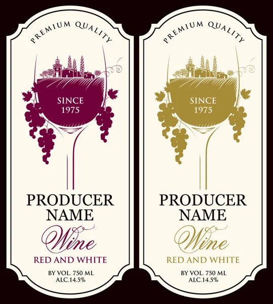 Zestaw Wektorowych Etykiet Białego Wina Szklanką Wina Krajobrazem Europejskiej Wioski — Wektor stockowy