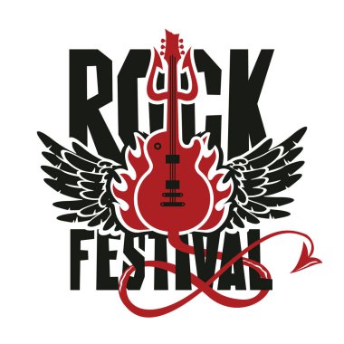 Elektro gitarı, kanatları, ateşi ve şeytan mızrağı olan Rock Festivali afişi.
